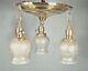 Antique Victorian Art Nouveau 3 Light Brass Chandelier With Etched Glass Shades