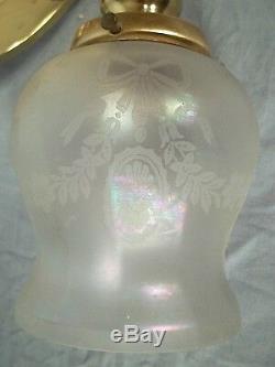 Antique Victorian Art Nouveau 3 Light Brass Chandelier With Etched Glass Shades
