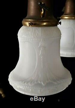 Antique Victorian Art Nouveau 4 Arm Brass Chandelier With Milk Glass Shades