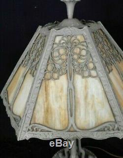 Antique Victorian Art Nouveau 6 Panel Stained Slag Glass Lamp
