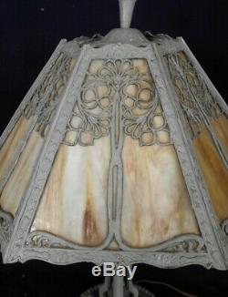 Antique Victorian Art Nouveau 6 Panel Stained Slag Glass Lamp