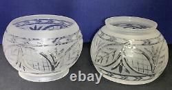 Antique Victorian Art Nouveau Acid Etched Glass Oil Lamp Shades Pair