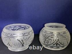 Antique Victorian Art Nouveau Acid Etched Glass Oil Lamp Shades Pair