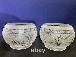 Antique Victorian Art Nouveau Acid Etched Glass Oil Lamp Shades Pair