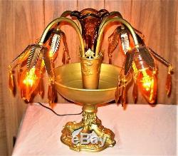 Antique Victorian Art Nouveau Amber Glass Epergne Centerpiece Table Lamp