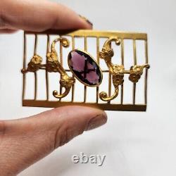 Antique Victorian Art Nouveau Amethyst Purple Glass Gilt Brass Sash Pin Unique