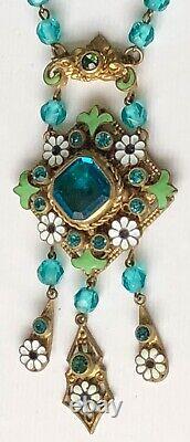 Antique Victorian Art Nouveau Blue & Green Czech Neiger Glass Pendant Necklace