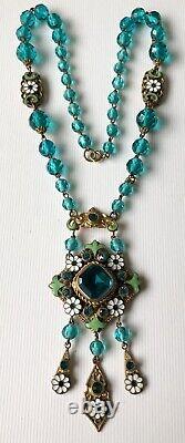 Antique Victorian Art Nouveau Blue & Green Czech Neiger Glass Pendant Necklace