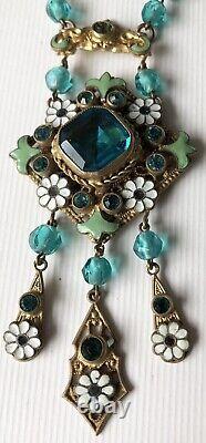 Antique Victorian Art Nouveau Blue & Green Czech Neiger Glass Pendant Necklace