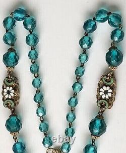 Antique Victorian Art Nouveau Blue & Green Czech Neiger Glass Pendant Necklace