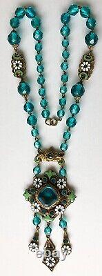 Antique Victorian Art Nouveau Blue & Green Czech Neiger Glass Pendant Necklace