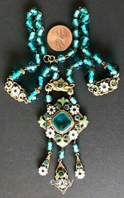 Antique Victorian Art Nouveau Blue & Green Czech Neiger Glass Pendant Necklace