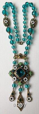 Antique Victorian Art Nouveau Blue & Green Czech Neiger Glass Pendant Necklace