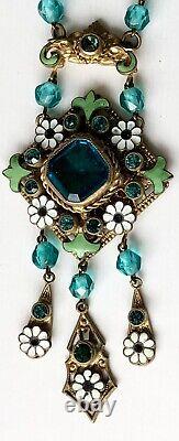 Antique Victorian Art Nouveau Blue & Green Czech Neiger Glass Pendant Necklace