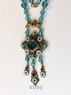 Antique Victorian Art Nouveau Blue & Green Czech Neiger Glass Pendant Necklace