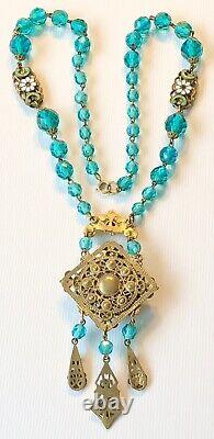 Antique Victorian Art Nouveau Blue & Green Czech Neiger Glass Pendant Necklace