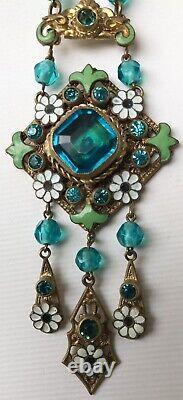 Antique Victorian Art Nouveau Blue & Green Czech Neiger Glass Pendant Necklace