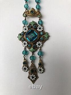 Antique Victorian Art Nouveau Blue & Green Czech Neiger Glass Pendant Necklace