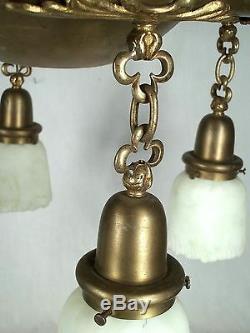 Antique Victorian Art Nouveau Brass 4 Light Chandelier With Frosted Shades