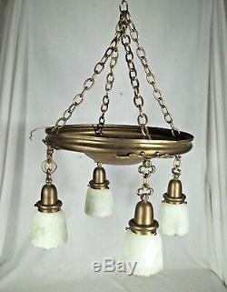 Antique Victorian Art Nouveau Brass 4 Light Chandelier With Frosted Shades
