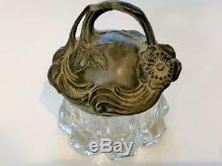 Antique Victorian Art Nouveau Cast Metal Crystal Glass Trinket Jewelry Ring Box