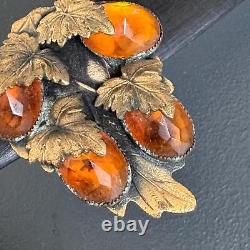 Antique Victorian Art Nouveau Czech Glass Brass Fur clip Pin Brooch