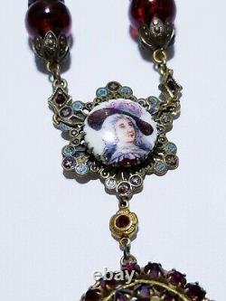 Antique Victorian Art Nouveau Deco Czech Garnet Glass Enamel Portrait Necklace