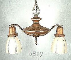 Antique Victorian Art Nouveau Double Light Brass Chandelier With Original Shades