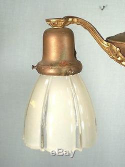 Antique Victorian Art Nouveau Double Light Brass Chandelier With Original Shades