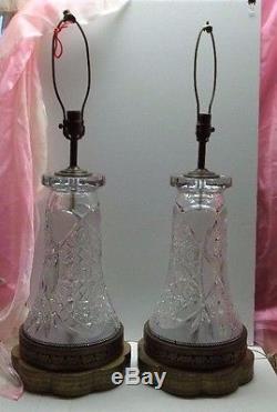 Antique Victorian, Art Nouveau Era Heavily Hand Cut Brilliant Glass Lamps PAIR