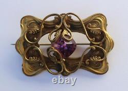 Antique Victorian Art Nouveau Gilt Brass Faceted Amethyst Glass Brooch Sash Pin