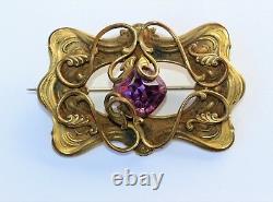 Antique Victorian Art Nouveau Gilt Brass Faceted Amethyst Glass Brooch Sash Pin