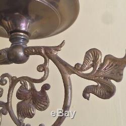 Antique Victorian Art Nouveau Gilt Ceiling Fixture Opaline Glass Shade Lamp