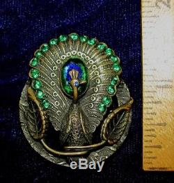 Antique Victorian Art Nouveau Peacock Eye Art Glass Emerald Paste Peacock Pin
