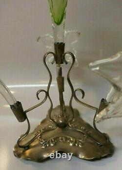 Antique Victorian Art Nouveau Silver Plate & Hand Blown Art Glass Center Piece