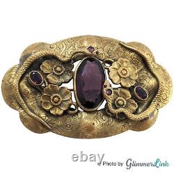 Antique Victorian Art Nouveau Snakes Floral Purple Glass Ornate Brass Brooch