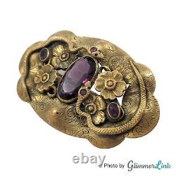 Antique Victorian Art Nouveau Snakes Floral Purple Glass Ornate Brass Brooch