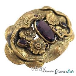 Antique Victorian Art Nouveau Snakes Floral Purple Glass Ornate Brass Brooch
