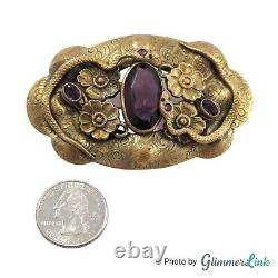 Antique Victorian Art Nouveau Snakes Floral Purple Glass Ornate Brass Brooch
