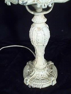 Antique Victorian Art Nouveau White Painted Metal Lamp With Slag Glass Shade