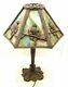 Antique Victorian Art Nouveau Slag Stained Glass Lamp Filigree Figural Parrot