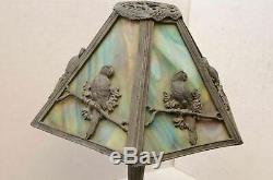 Antique Victorian Art Nouveau slag stained glass lamp Filigree figural Parrot