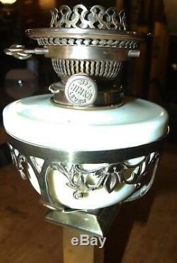 Antique Victorian Arts & Crafts brass OIL LAMP HINKS vaseline glass drop-in font