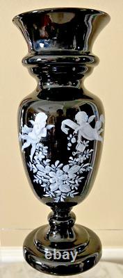 Antique Victorian Black Amethyst Vase Mary Gregory Enamel Winged Angels Foliage