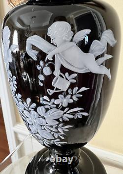 Antique Victorian Black Amethyst Vase Mary Gregory Enamel Winged Angels Foliage