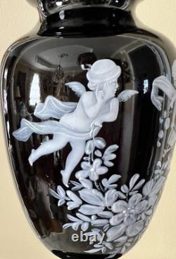 Antique Victorian Black Amethyst Vase Mary Gregory Enamel Winged Angels Foliage