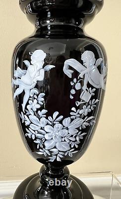 Antique Victorian Black Amethyst Vase Mary Gregory Enamel Winged Angels Foliage