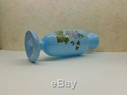 Antique Victorian Blue Bristol Glass Vase Hand Painted & Blown Flowers 12 1/4