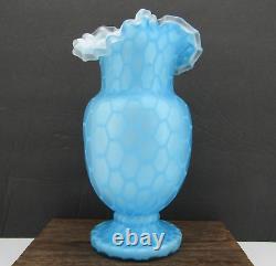 Antique Victorian Blue Cased Glass Honeycomb Quilted Optic Vase 10.5