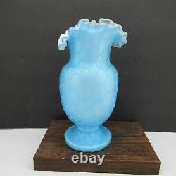 Antique Victorian Blue Cased Glass Honeycomb Quilted Optic Vase 10.5